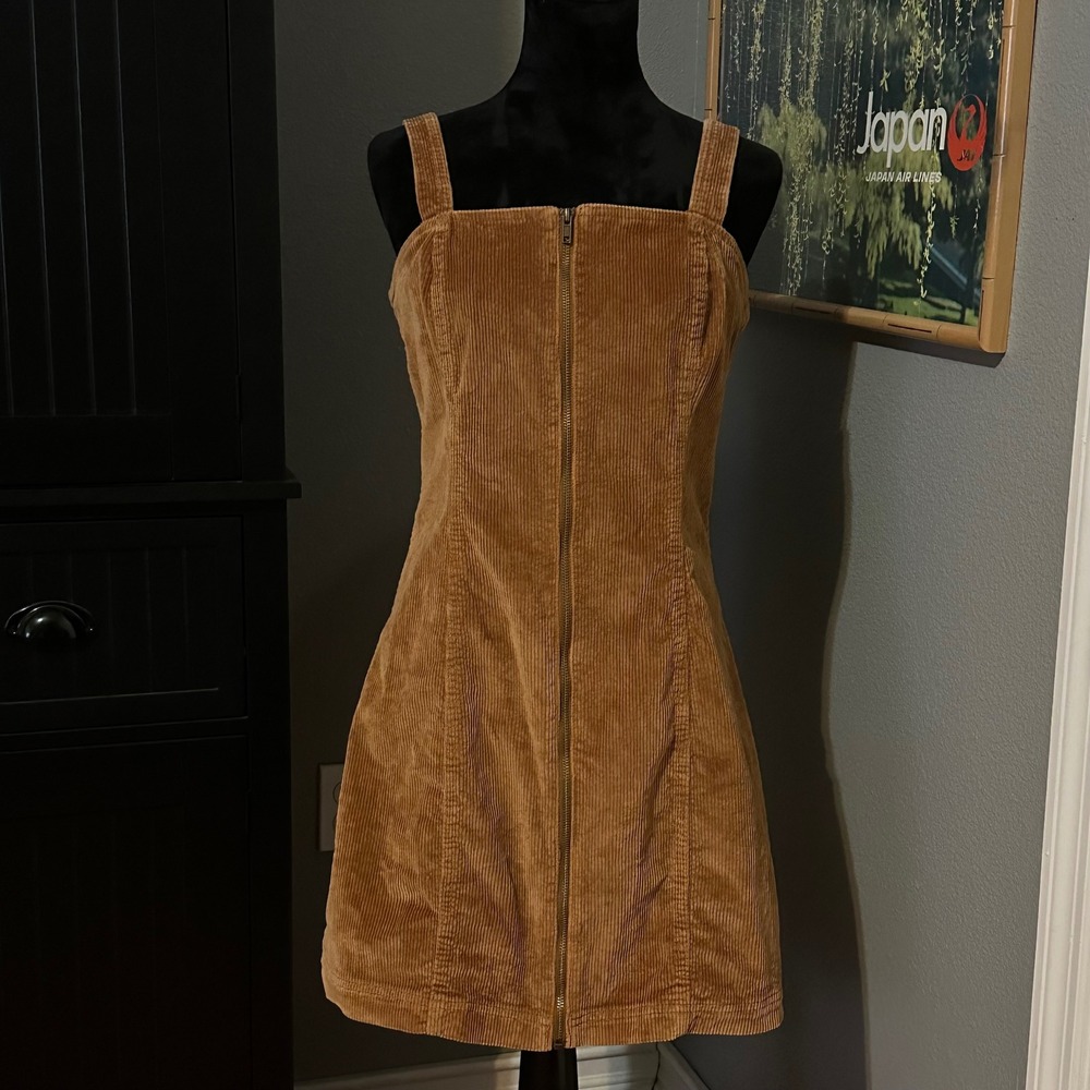 SO Corduroy Mini Dress Women Large Brown Zip Front Y2K Grunge Indie Festival